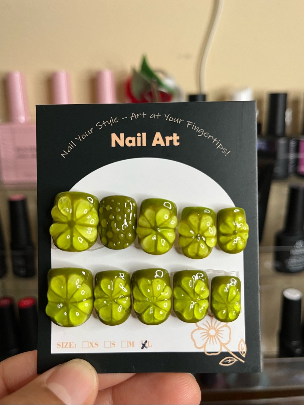 Press-On Nail Set Lemon lime  Green 3D large square short